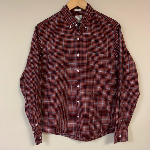 J CREW Plaid Button Down Shirt Mens Medium Cotton Oxford Slim Orange Long Sleeve - Picture 3 of 10